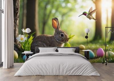 Image of bunny on easter eggs in the spring landscape Wall mural