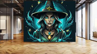 Illustration of a stylish witch ready to celebrate Halloween in bright glowing colors in festive mood on a dark background Wall mural