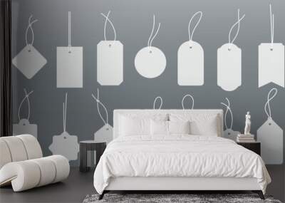 Set blank white paper price tags or gift tags. Paper labels with cord. Wall mural