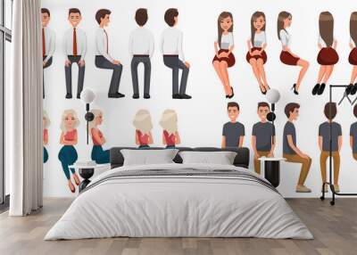 Big set of sitting people. Men in casual clothes and official clothes, woman in red skirt and a white blouse, woman in casual clothes . Cartoon realistic people. Flat young man. Front view, Side view Wall mural