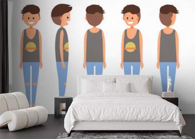 Front, side, back view animated character. Designer character creation set with various views. Cartoon style, flat vector illustration of smiling teenage boy with short hair in casual clothes. Wall mural