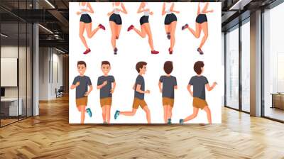 Vector illustration of running young man in casual clothes .Cartoon realistic people illustration.Flat young woman.Front, side and back views. Isometric views. Sportive woman. Sport, training, run. Wall mural