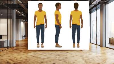 Vector illustration of three black men in casual clothes under the white background. Cartoon realistic people illustartion. Flat young man. Front view man, Side view man, Back side view man Wall mural