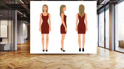 Vector illustration of three girl in red dress under the white background. Cartoon realistic  people illustration. Flat young woman. Front view girl, Side view girl, Back side view girl Wall mural