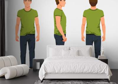 Vector illustration of three men in casual clothes under the white background. Cartoon realistic people illustartion. Flat young man. Front view man, Side view man, Back side view man Wall mural