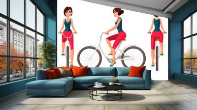 Vector illustration of young woman in casual clothes riding bicycle .Cartoon realistic people illustration.Flat young woman.Front, side and back views. Isometric views. Sportive woman. Training, bike. Wall mural