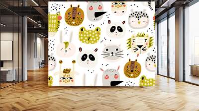 Baby seamless pattern with hand drawn animals. Trendy scandinavian vector background. Vector texture in childish style great for fabric and textile, wallpapers, backgrounds. Wall mural