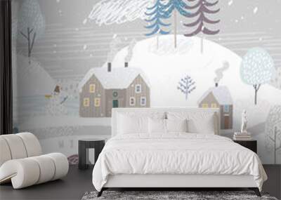 Cute winter landscape. Winter poster. Large snow-covered hills. Lovely houses in the winter forest. A girl walks through the woods. Wall mural