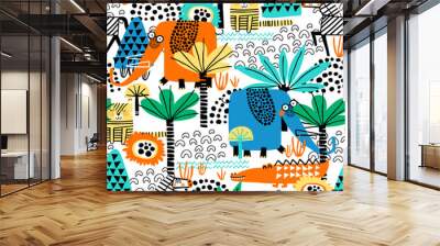 Safari animals seamless pattern with cute zebra, funny elephant, dangerous alligator, tiger and tropical plants. Vector texture in childish style great for fabric and textile, wallpapers, backgrounds. Wall mural