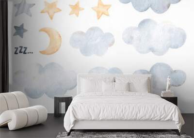 Set of watercolor clouds and stars for design. Isolated on white background. Childish style. Wall mural