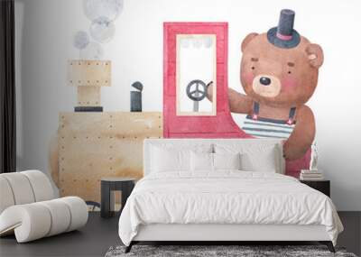 Train with cute teddy bear. Watercolor hand drawn illustration with white isolated background. Wall mural