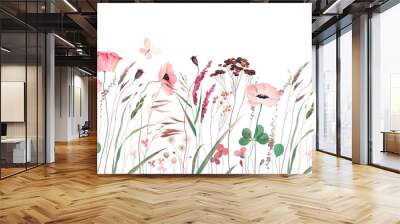 Watercolor illustration with wildflowers, herbs and butterfly. Panoramic horizontal isolated illustration. Summer meadow. Illustration for card, border, banner or your other design. Seamless pattern. Wall mural