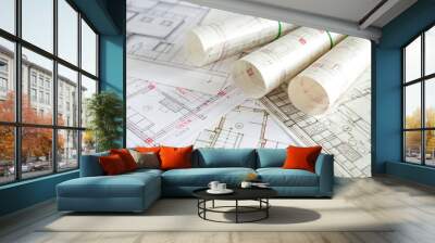 Architect workplace. Architectural project, blueprints, blueprint rolls on wooden desk table. Construction background. Engineering tools. Copy space Wall mural