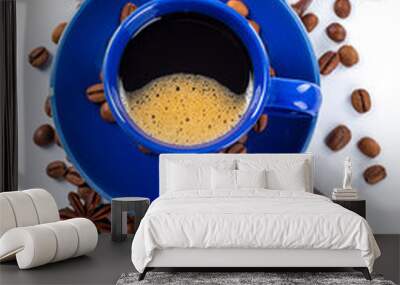 Cup of coffee and beans with delicious macaroon on a white backg Wall mural