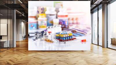 Drug prescription for treatment medication. Pharmaceutical medicament, cure in container for health. Pharmacy theme, capsule pills with medicine antibiotic in packages. Wall mural