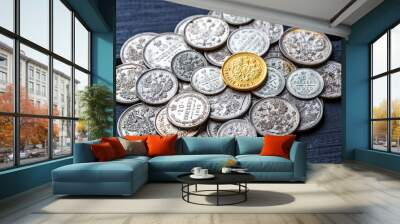 Gold and silver coins of the Russian Empire19 - 20 century in the background kopyur.Five rubles Nicholas II.Concept Russian antiques.Antikvariat. Wall mural