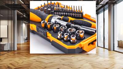 Interchangeable screwdriver set with different types of metal steel heads and bits. Isolated on white background.set of working tools Wall mural