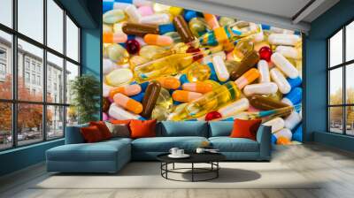 Various cold prescription bottles and a syringe isolated on a wh Wall mural