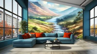 A landscape scenery of a river between two hills. Watercolor image  Wall mural