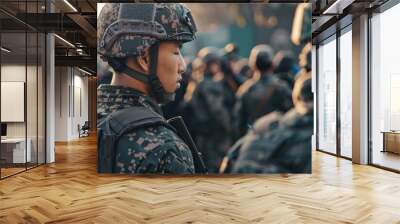 Asian army soldier in uniform with helmet and body armor during parade, surrounded by other soldiers at military base Wall mural