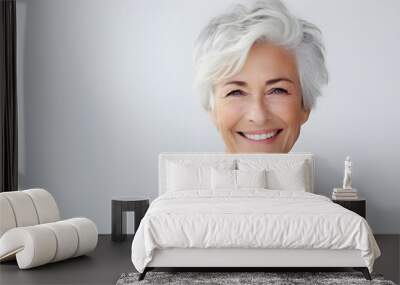 Beautiful elderly senior woman with grey hair laughing and smiling. Mature old lady close up portrait. Healthy face skin care beauty, skincare cosmetics, dental with copy space Wall mural