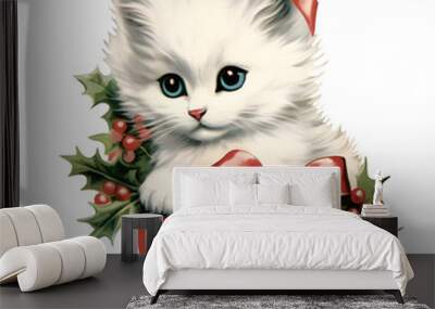 Watercolor cute funny kitten Christmas winter. isolated on white background. Hand drawn illustration sketch. Retro style Wall mural