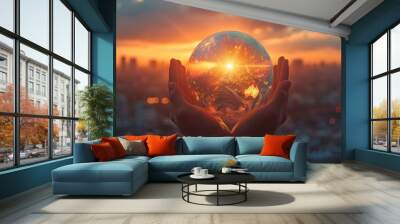 Hands touching earth and circle global network connection, data exchanges worldwide on city sunset background. Wall mural