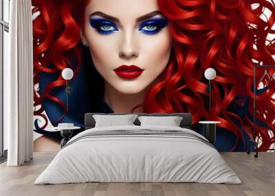 Experience the mesmerizing beauty of a captivating digital artwork featuring a young woman with fiery red hair and striking blue eyes. Wall mural