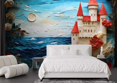 Imagine standing on a cliff overlooking the sparkling sea, with a majestic castle perched at the edge of the water. The painting captures this scene with a mix of impasto and 3D elements, giving the c Wall mural