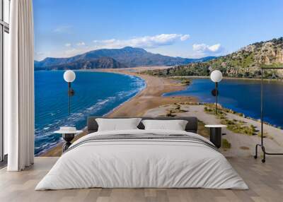 iztuzu long beach gorgeous mountains reeds field and wavy sea, aerial landscape view. iztuzu beach Mugla Province, village of Dalyan in Turkey. 
 Wall mural