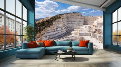 Marble quarry and cut marble blocks, background cloudy blue sky. Karamanli, Burdur TURKEY Wall mural