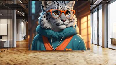 The snow leopard in a blue sweatshirt and glasses cartoon is a charming and quirky character. With its fashionable attire of a cozy sweatshirt and trendy glasses, this cool cat showcases a unique styl Wall mural