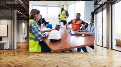 Engineer team employee plan meeting with virtual realty. Plant staff worker safety technician group planning process with virtual reality. Wall mural