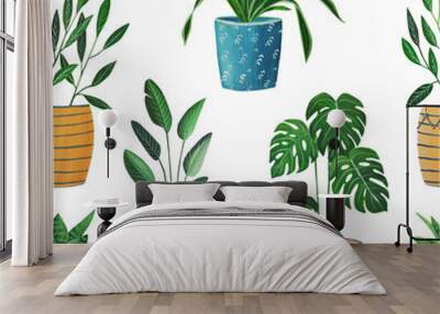  house flowers in pots, hand-made gouache painting, emitation of oil painting, monstera, cactus, tropical plant Wall mural