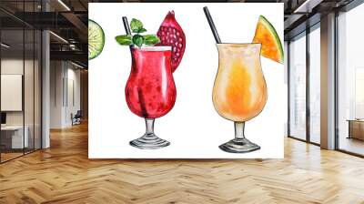  watercolor illustration. alcoholic drinks. Beautiful vibrant tropical cocktails. isolated on a white background. famous cocktails. Wall mural