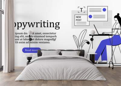 copywriting concept with character. Flat black and blue vector illustration isolated on white background. Wall mural