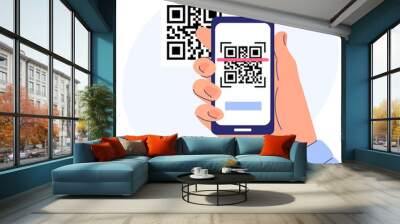 QR code scanning camera hand holding smartphone concept for payment or everything. can use for banner, social media template, landing page Wall mural