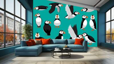 Atlantic Puffin Cute Flying Standing Poses Cartoon Vector Illustration Wall mural