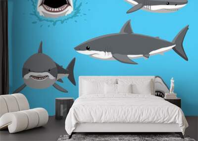 Great White Shark Six Poses Cartoon Vector Illustration Wall mural