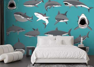 Great White Shark Sixteen Poses Cartoon Vector Illustration Wall mural