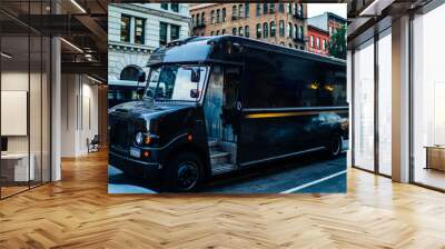 Black van automobile of logistic company driving on roads in megapolis delivering goods, postal truck body with copy space area for delivery service name or logo and advertising information Wall mural