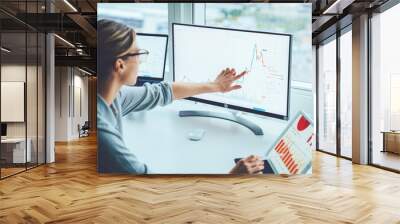 Business woman study financial market to calculate possible risks and profits.Female economist accounting money with statistics graphs pointing on screen of computer at desktop. Quotations on exchange Wall mural