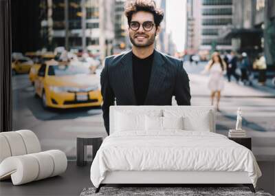 Happy trendy dressed proud ceo walking on crosswalk in megalopolis in good mood,prosperous handsome businessman in trendy formal suit and eyeglasses satisfied with successful career strolling Wall mural