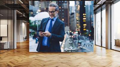 Mature satisfied male using mobile on urban background Wall mural