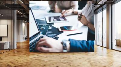 Modern colleagues working with graphs at gadgets at office Wall mural