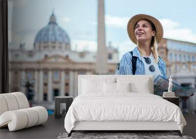 smiling female tourist in straw hat enjoying beautiful architecture in vatican feeling carefree duri Wall mural