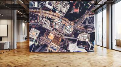 Top view aerial photo from flying drone of a developed metropolitan city in Shanghai with office skyscrapers. Business center in China with advanced buildings and transportation infrastructure Wall mural