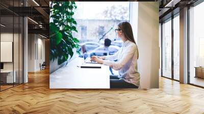 Unrecognizable woman working on laptop in cafe and looking out window Wall mural