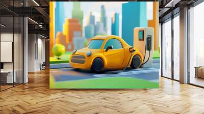 Cartoon Car and Charging Station - Illustrated Cityscape Wall mural