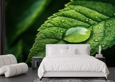 Dew on Green Leaf - Hyper-Realism Photo Wall mural